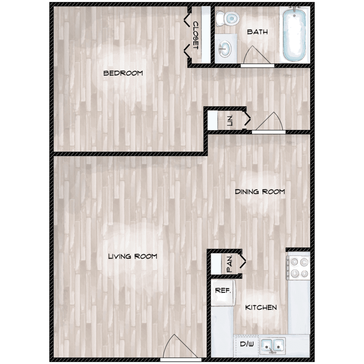 Floor plan for 1 bed, 1 bath, 693 sqft